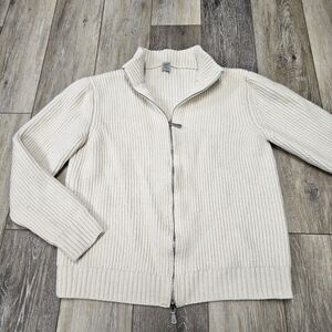 Eleventy Full Zip Sweater Ribbed Wool Cardigan Mock Neck Italy Cream Men's Small